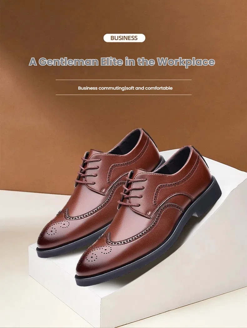 2025 Men's Business Formal Leather Shoes Brogue Large Size Men's Lace-Up Derby Shoes
